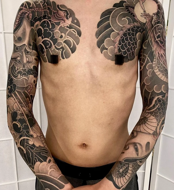 Japanese Dragon, Wave tattoo on Full Sleeve