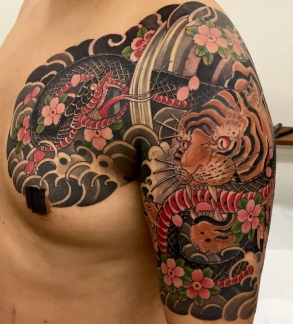 Japanese Tiger, Snake tattoo on Full Sleeve