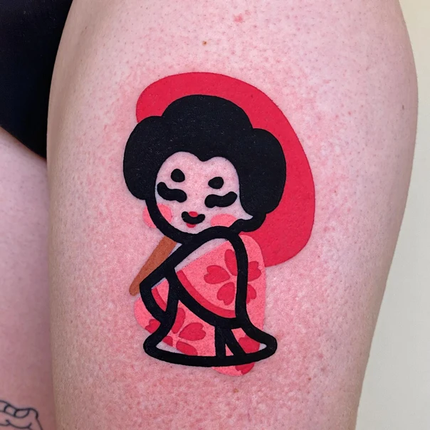 Cartoon Geisha, Cherry blossoms tattoo on Thigh