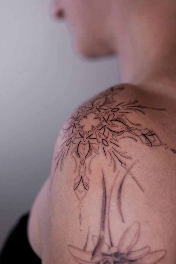 Linework Floral, Mandala tattoo on Shoulder