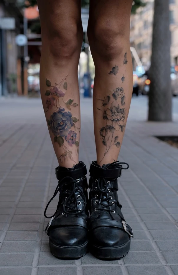 Botanic Flowers, Leaves tattoo on Lower leg