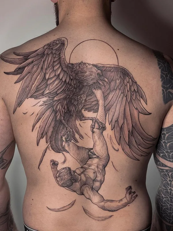 male black and grey blackwork Tatuaggio su full back #60065 | Tatuatore Lescrowtattoo