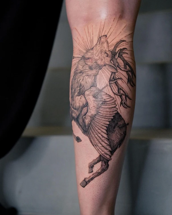 Engraving Deer, Wings tattoo on Calf