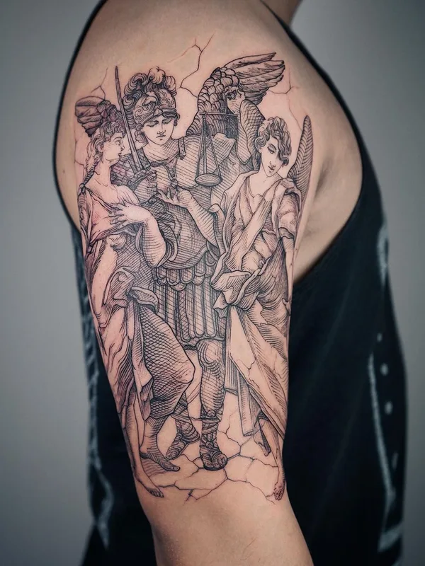 black and grey engraving Tatuaggio su upper arm #60063 | Tatuatore Lescrowtattoo