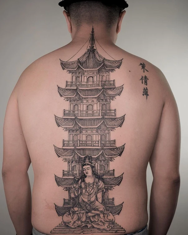 Japanese Pagoda, Buddha tattoo on Full Back