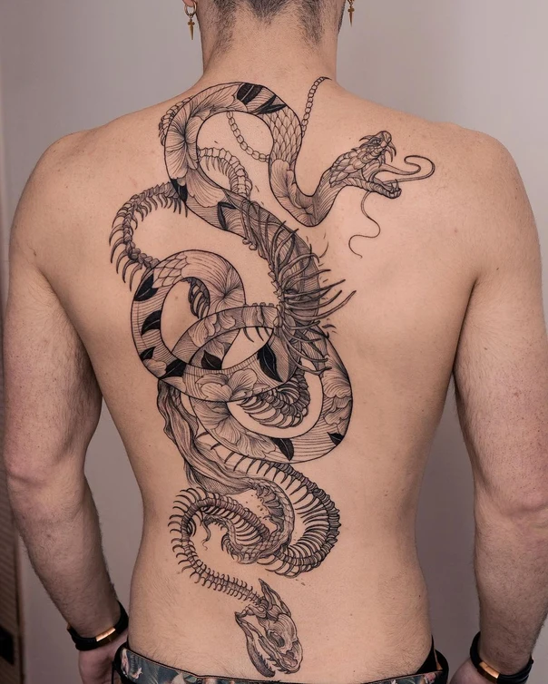 Linework Snake, Skeleton tattoo on Full Back