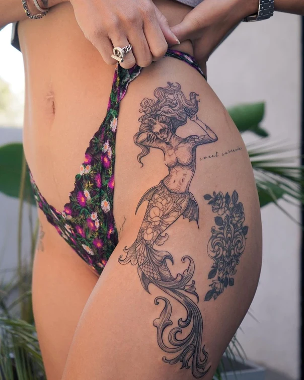 Linework Mermaid, Floral tattoo on Thigh