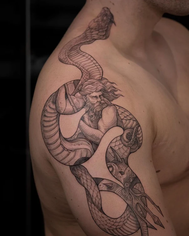 Linework Snake, Mythological figure tattoo on Shoulder