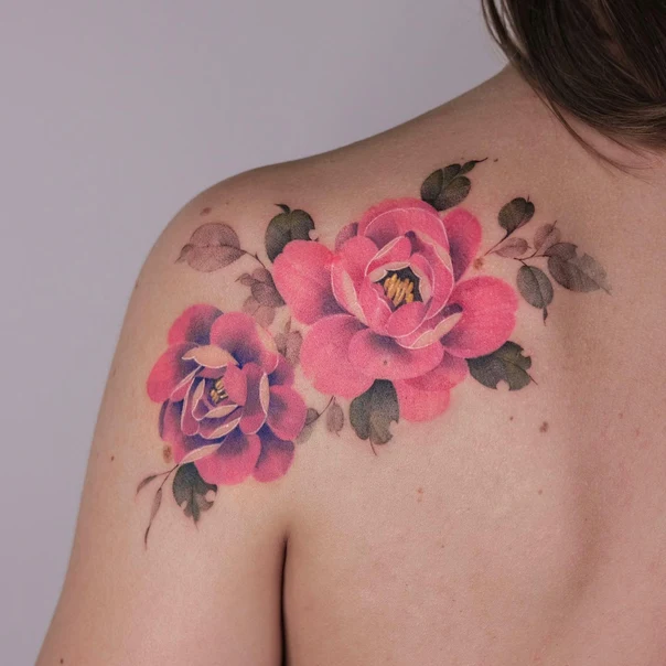 Watercolor Flower, Leaf tattoo on Shoulder