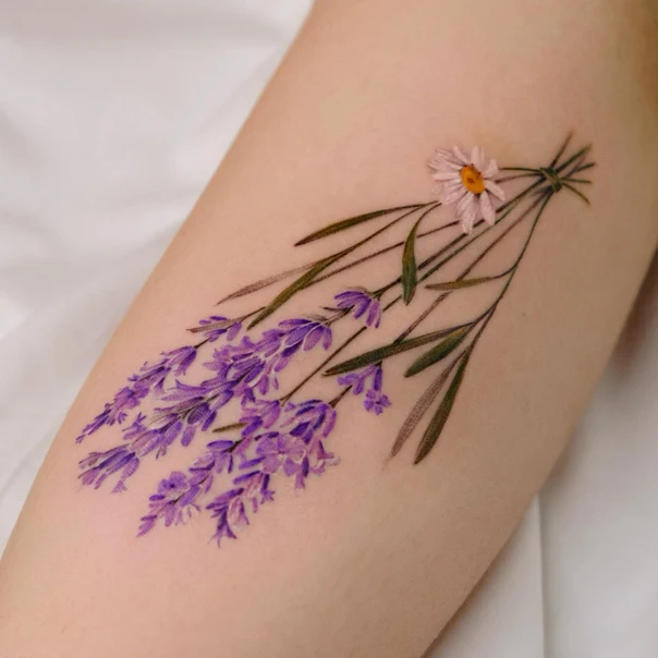Botanic Lavender, Daisy tattoo on Forearm