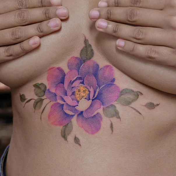 Watercolor Flower, Leaves tattoo on Sternum
