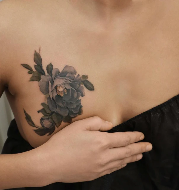 Realism Flower, Leaves tattoo on Chest
