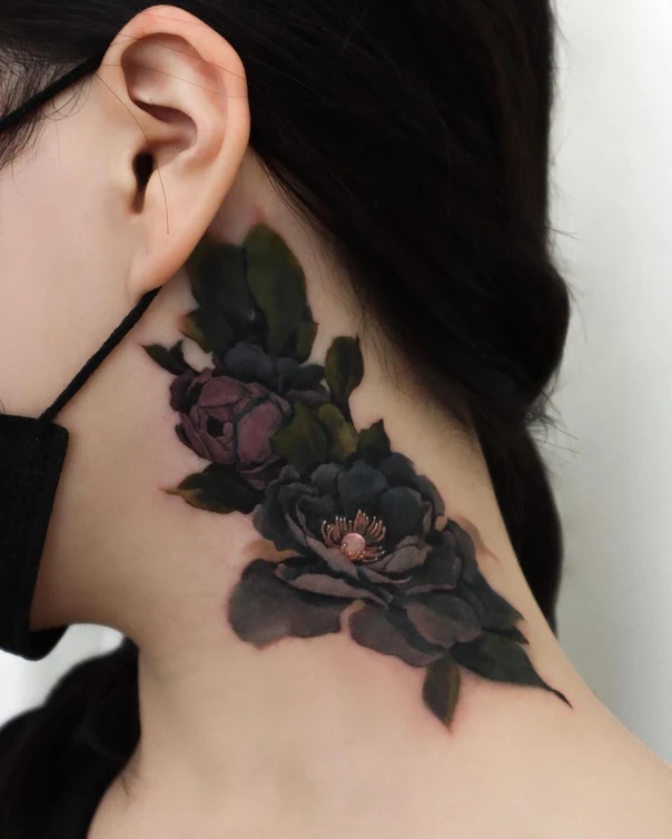 Botanic Flowers, Leaves tattoo on Back of neck