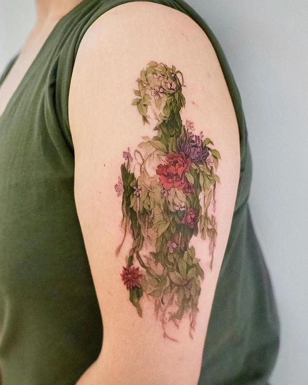 Illustrative Flowers, Leaves tattoo on Upper Arm