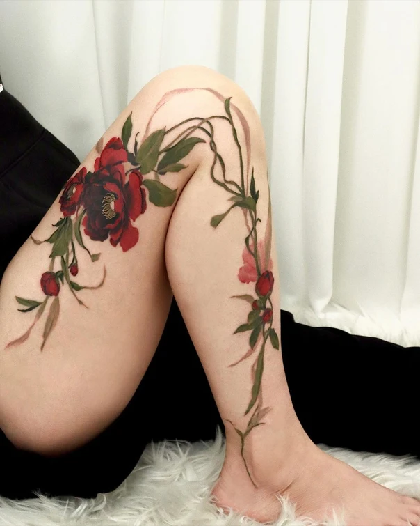 Botanic Flowers, Leaves tattoo on Thigh