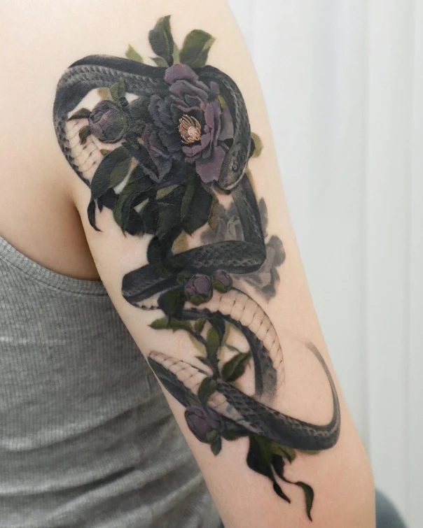 Realism Snake, Flower tattoo on Forearm