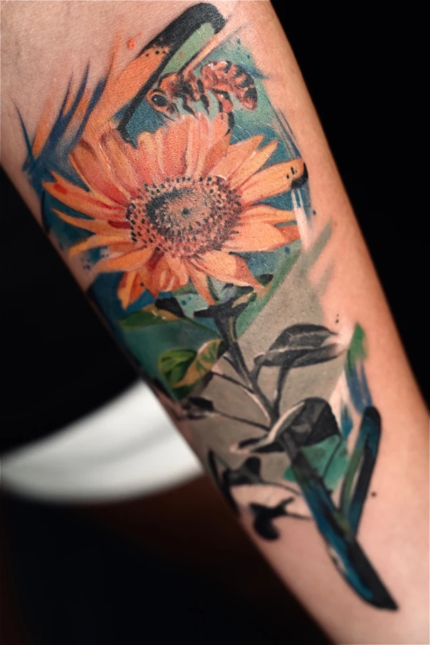 Illustrative Sunflower, Bee tattoo on Forearm
