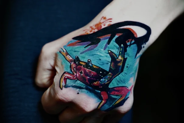Watercolor Crab, Ocean tattoo on Back of Hand