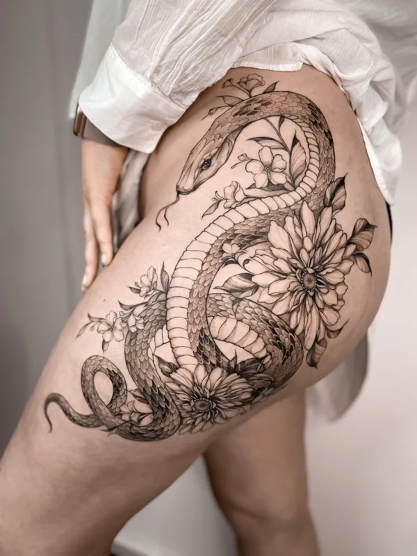 female black and grey black and grey tatouage sur thigh #60252 | Artiste tatoueur Katrin_Inktattoo