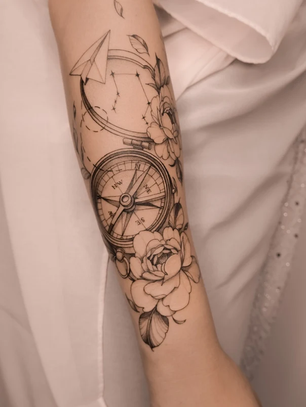 Fineline Compass, Flowers tattoo on Forearm