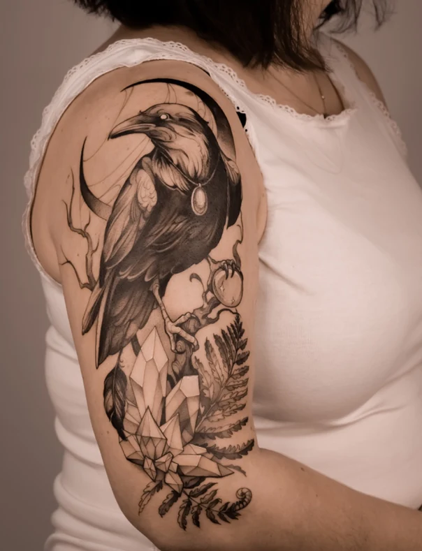 Black & Grey Raven, Crystals tattoo on Upper Arm