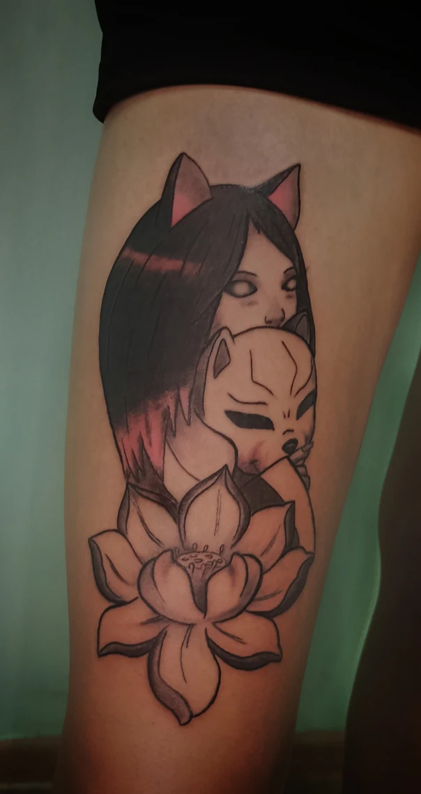 Anime Fox, Lotus tattoo on Thigh