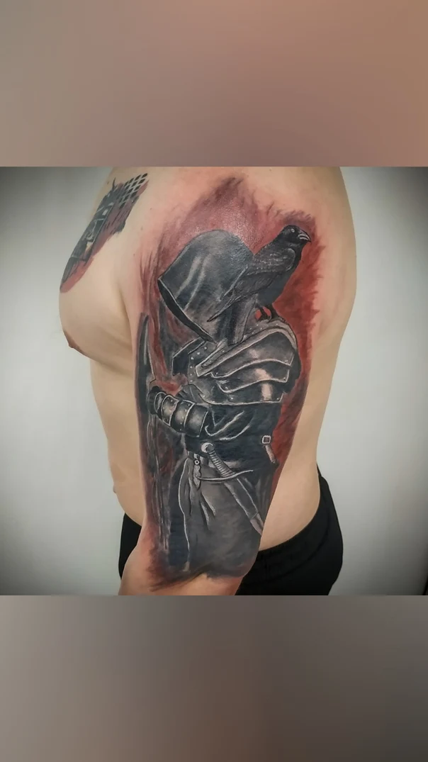 Realism Raven, Knight tattoo on Full Sleeve