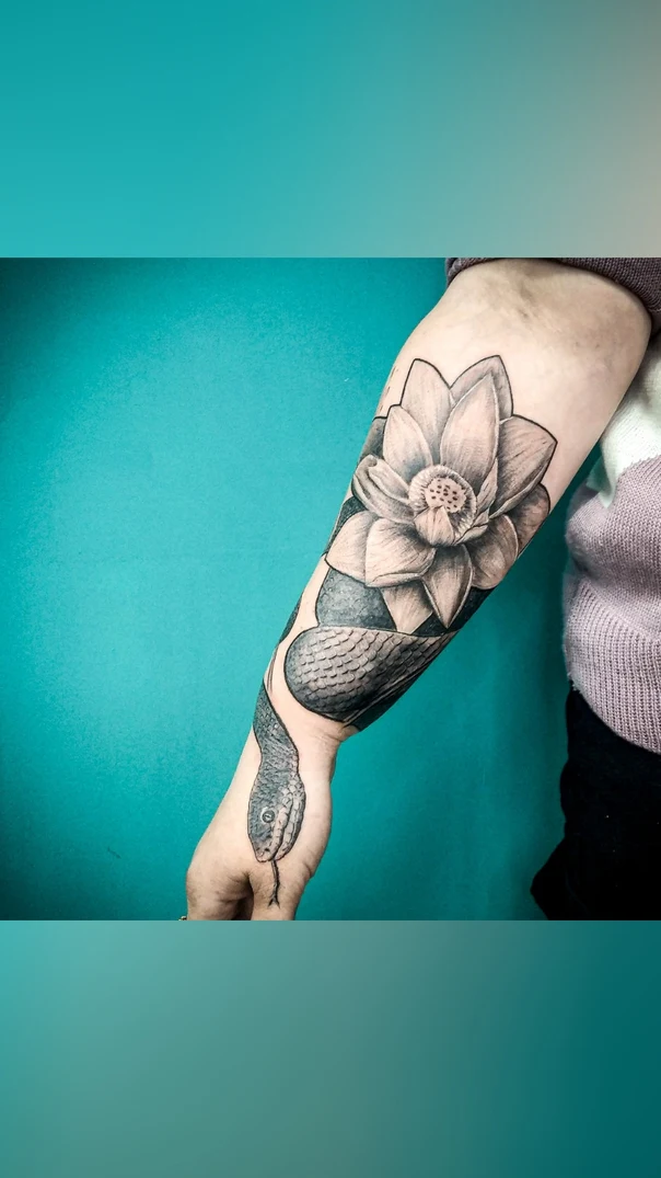Black & Grey Snake, Lotus tattoo on Forearm