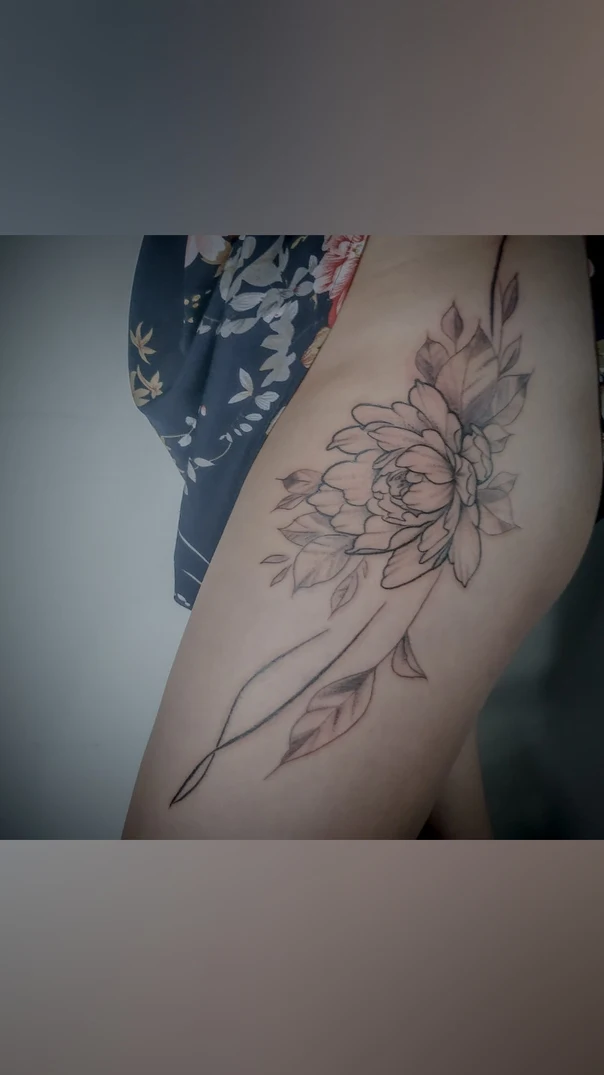 Fineline Flower, Leaves tattoo on Thigh