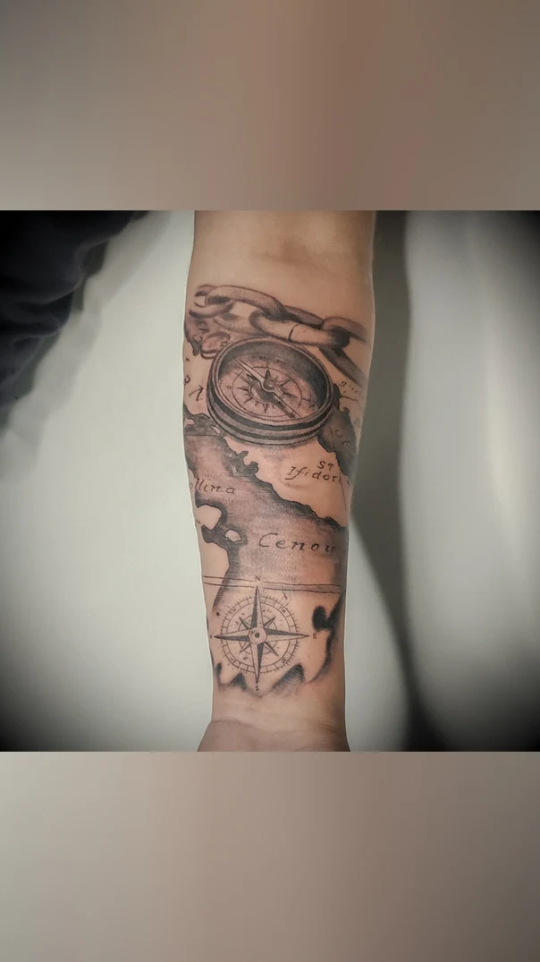 Black & Grey Compass, Map tattoo on Forearm