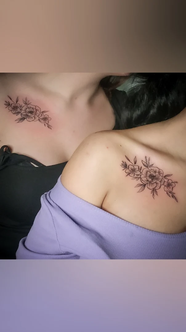 Fineline Flowers, Leaves tattoo on Collarbone
