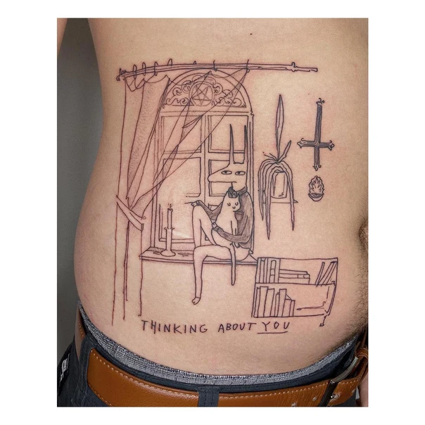 Sketch Cat, Window tattoo on Stomach