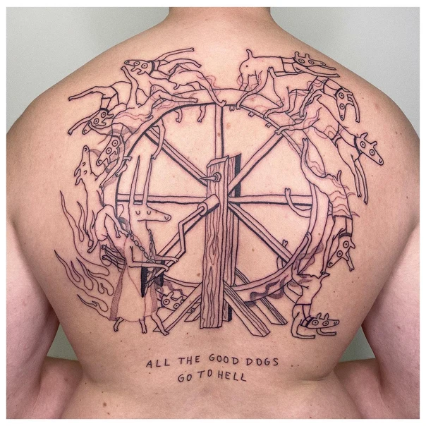 Linework Dogs, Wheel tattoo on Full Back