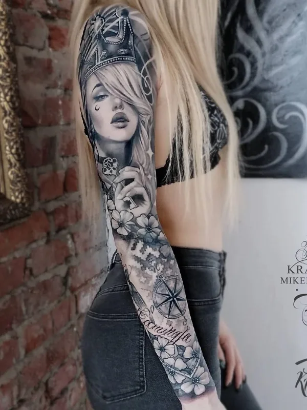 female black and grey realism tattoo auf full sleeve #60518 | Tätowierer Красное Микеланджело