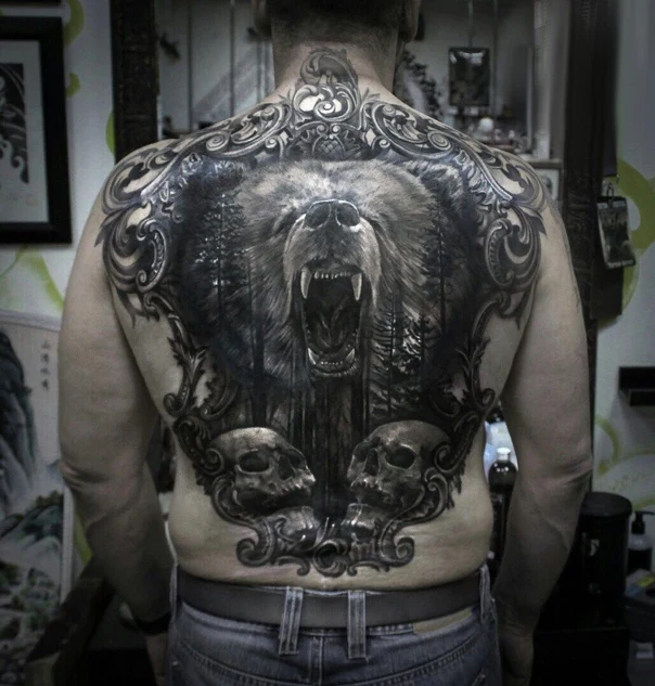 Realism Bear, Skull tattoo on Full Back