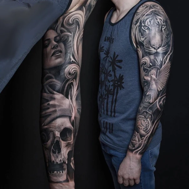 Реализм Skull, Tiger tattoo на Полный рукав