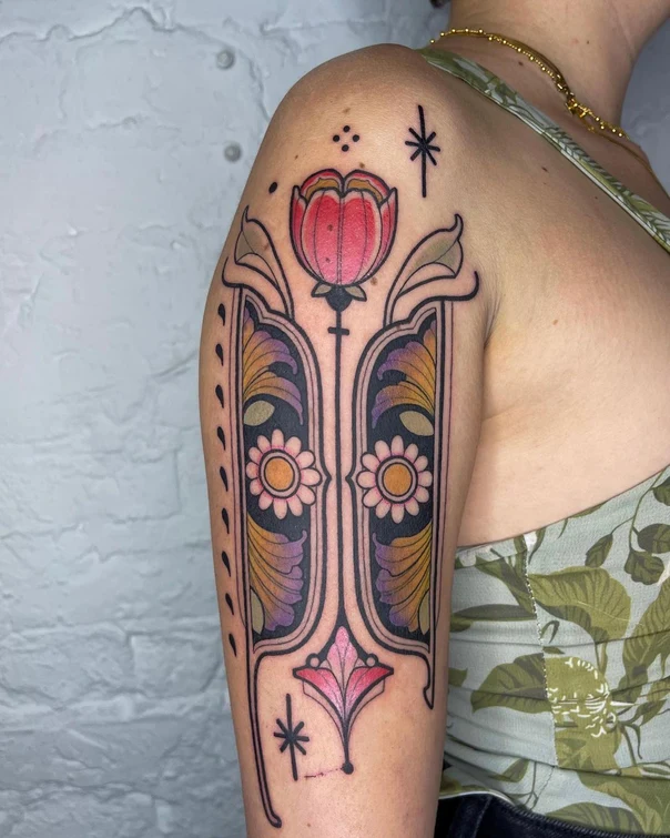Art nouveau Floral, Geometric tattoo on Upper Arm