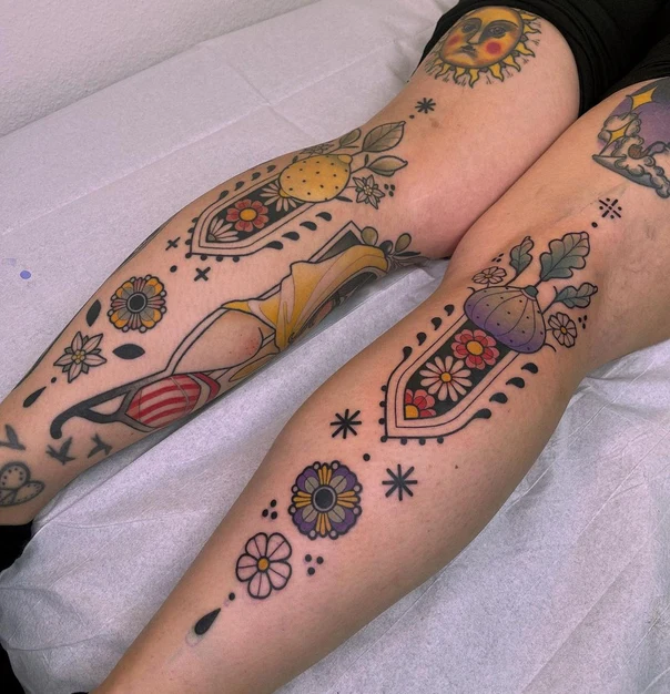 Neo Traditional Flowers, Fruit tattoo on Calf