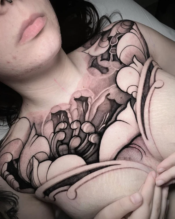 Blackwork Floral, Abstract tattoo on Chest