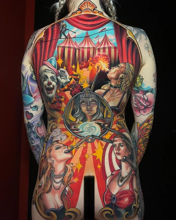 Realism Circus, Clown tattoo on Full Back