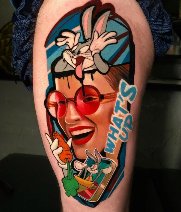 Cartoon Bugs bunny, Portrait tattoo на Thigh