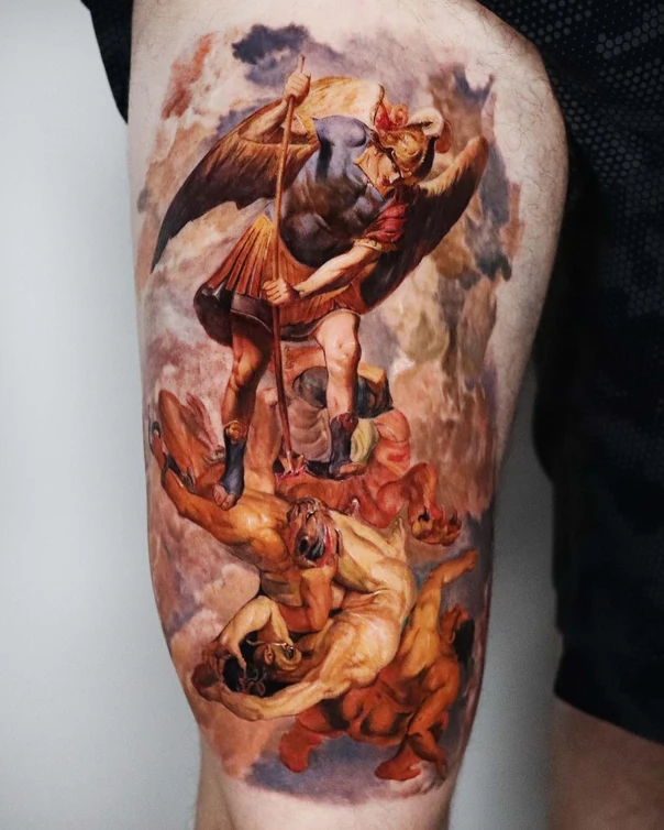 Realism Angel, Demon tattoo on Thigh