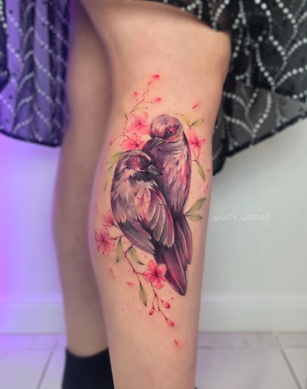 Блэкворк Bird, Cherry blossom tattoo на Икра