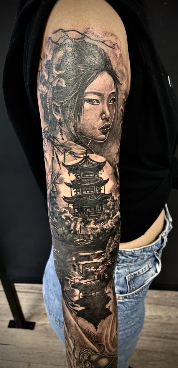 Japanese Geisha, Pagoda tattoo on Full Sleeve
