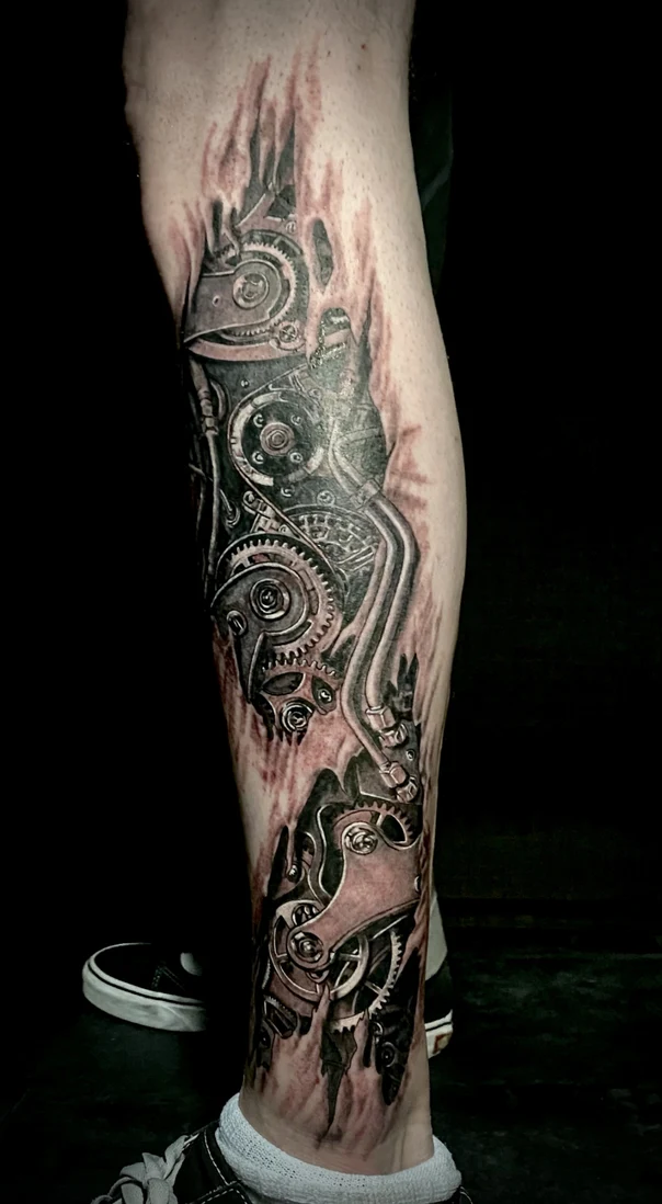 Biomechanical Gears, Mechanical tattoo on Calf