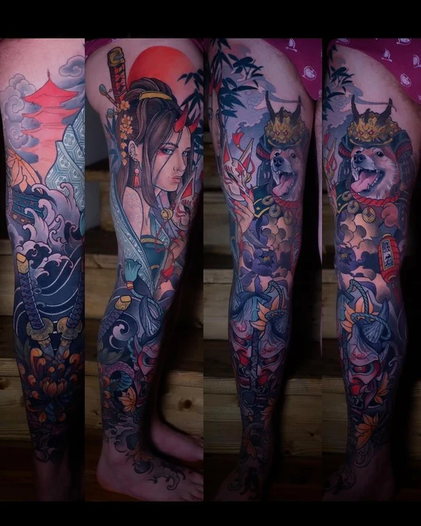 Japanese Geisha, Samurai tattoo on Full leg