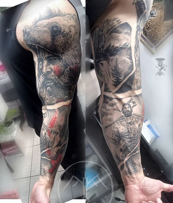 Реализм Bear, Man tattoo на Полный рукав