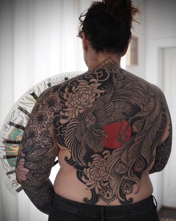 Japanese Phoenix, Flowers tattoo on Full Back