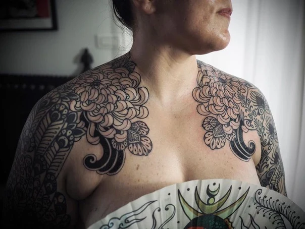 Blackwork Floral, Geometric tattoo on Chest