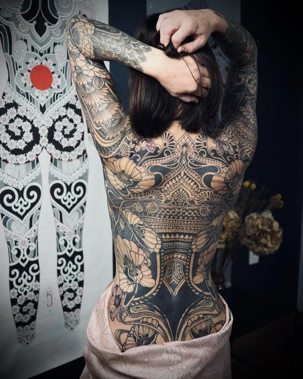 Blackwork Floral, Geometric tattoo on Full Back